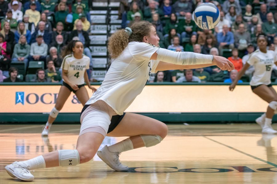 Olivia Nicholson (3) bumps the ball towards one of her teammates, as the University faces Utah State at Moby Arena on Nov 14. CSU wins three sets to zero. (Devin Cornelius | Collegian)