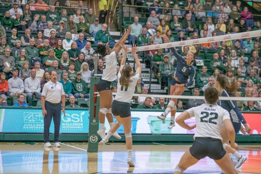 Breana Runnels (15) and Paulina Hougaard-Jensen (11) leap to block an incoming spike, while Setter Katie Oleksak watches, during the University home match against Utah State on Nov 14. CSU wins three sets to zero. (Devin Cornelius | Collegian)