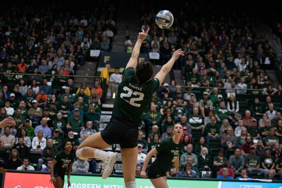 Setter Katie Oleksak (22) sets Middle blocker Kirstie Hillyer (13), during the Colorado State game against Boise State at Moby Arena on Nov 16. CSU wins three sets to zero. (Devin Cornelius | Collegian)