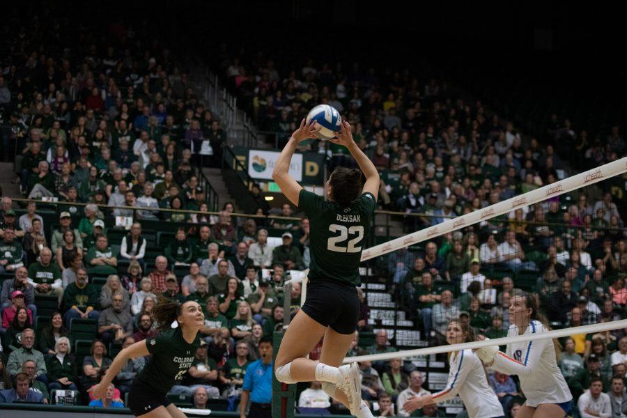 Setter Katie Oleksak (22) sets Middle blocker Paulina Hougaard-Jensen (11), during the Colorado State game against Boise State at Moby Arena on Nov 16. CSU wins three sets to zero. (Devin Cornelius | Collegian)