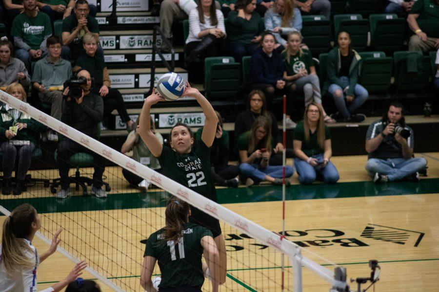 Setter Katie Oleksak (22) sets Middle blocker Paulina Hougaard-Jensen (11), during the Colorado State game against Boise State at Moby Arena on Nov 16. CSU wins three sets to zero. (Devin Cornelius | Collegian)
