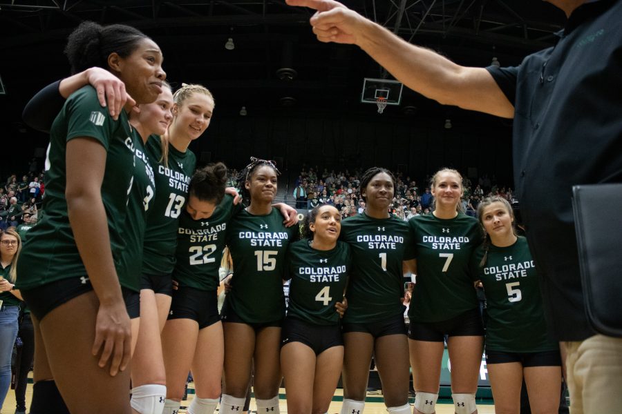 The Colorado State team circles around Coach Tom Hilbert. After the University's game against Boise State at Moby Arena on Nov 16. CSU wins three sets to zero. (Devin Cornelius | Collegian)
