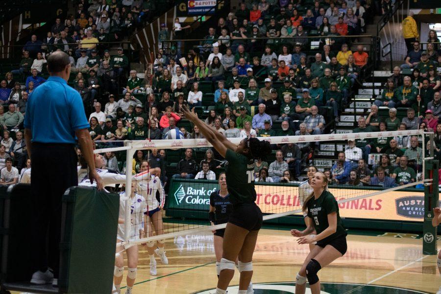 Outside hitter Breana Runnels (15) blocks an incoming spike, during the Colorado State home game against Boise State on Nov 16. CSU wins three sets to zero. (Devin Cornelius | Collegian)