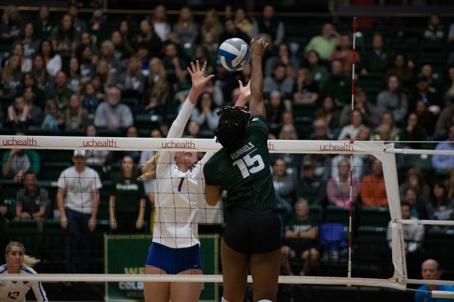 Outside hitter Breana Runnels (15) spikes the ball over a defender, during the Colorado State home game against Boise State on Nov 16. CSU wins three sets to zero. (Devin Cornelius | Collegian)