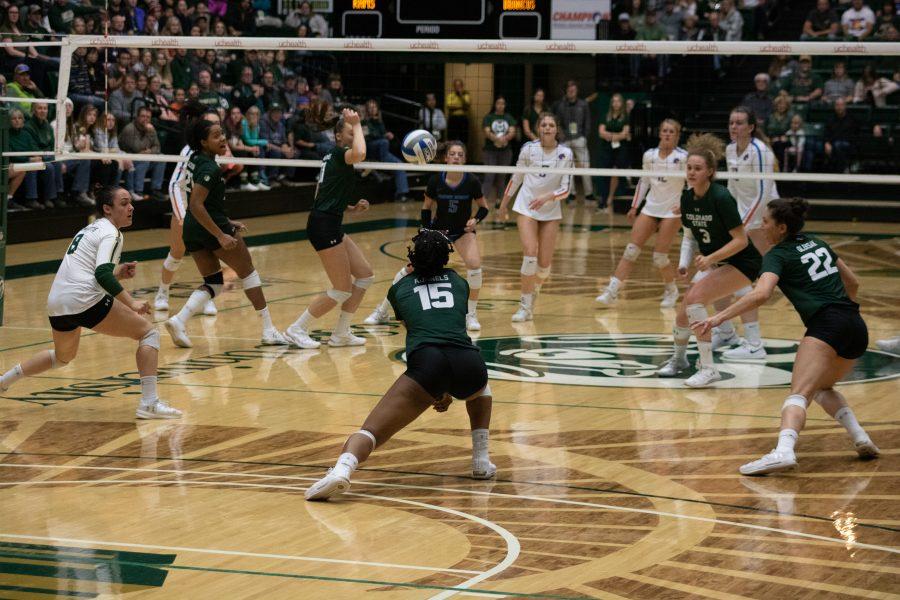 Outside hitter Breana Runnels (15) bumps the ball up into the air after a serve from Boise State as Colorado State takes on BSU at Moby Arena on Nov. 16, 2019. CSU won three sets to zero. (Devin Cornelius | The Collegian)