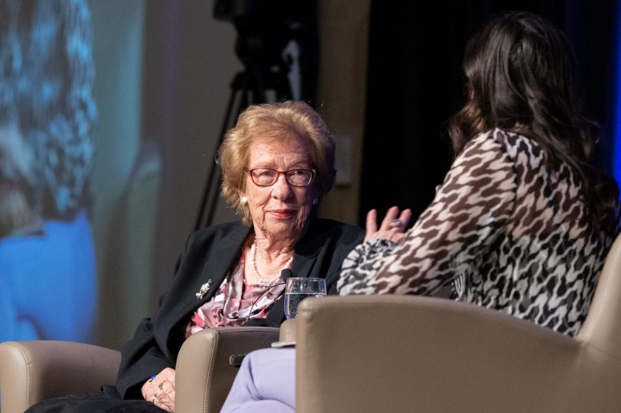 Eva Schloss discuss her experiences through the Holocaust with CBS 4 Denver Reporter Romi Bean in the Lory Student Center Grand Ballroom Nov. 18. Schloss is the stepdaughter of Otto Frank, the father of Margot and diarist Anne Frank. (Colin Shepherd | Collegian)
