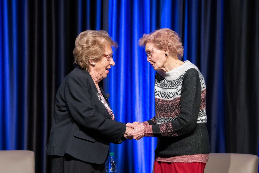 Holocaust survivor Eva Schloss meets World War II Veteran Army Nurse Leila Morrison in the Lory Student Center Ballroom Nov. 18. For Holocaust Awareness Week, The Students for Holocaust Awareness at Colorado State University hosted Schloss to speak to students, faculty, and community members. Schloss is the stepdaughter of Otto Frank, the father of Margot and diarist Anne Frank. (Colin Shepherd | Collegian)