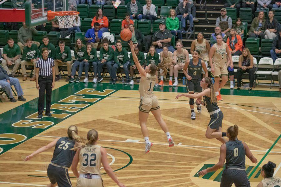 Katia Stamatelopoulos (1) drives in front of the basket and shoots, during the University's home game against Colorado University on Nov. 11. CSU falls 79-75. (Devin Cornelius | Collegian)