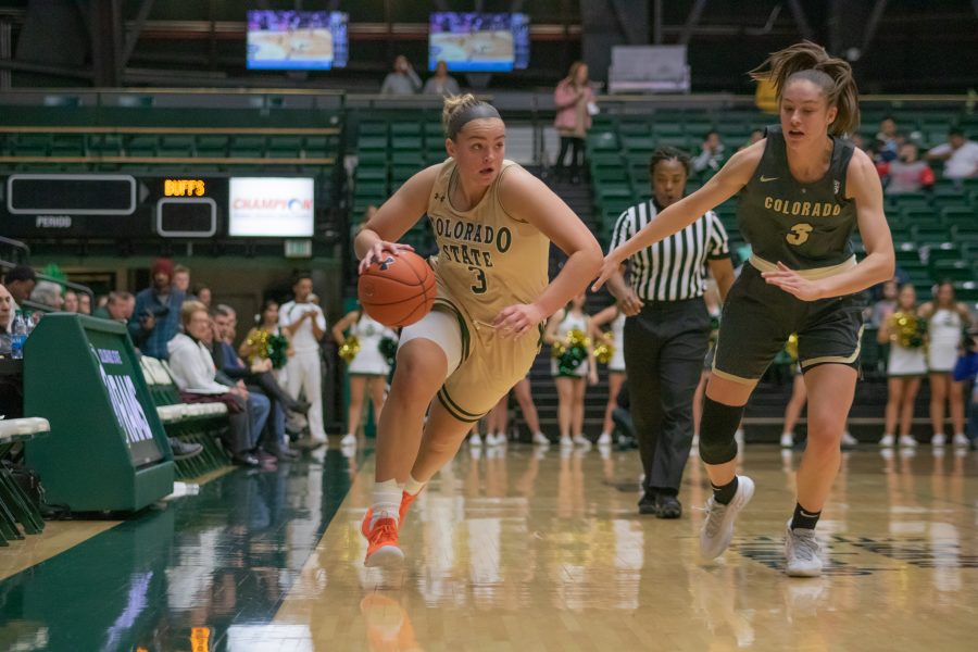 Megan Jacobs (3) drives past a defender towards the basket, during the University home game vs Colorado University on Nov. 22. CSU loses 79-75. (Devin Cornelius | Collegian)