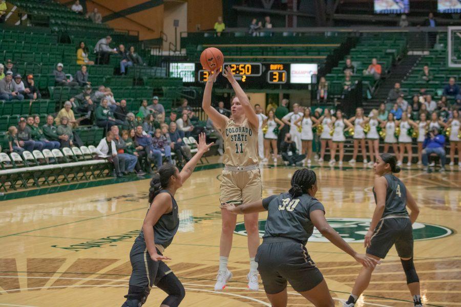 Makenzie Ellis (11) takes a jump shot from inside the arc, during the   University's home match against Colorado University on Nov.22. CSU falls 79-75. (Devin Cornelius | Collegian)
