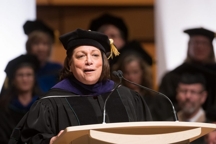 Colorado State University President Joyce McConnell gives her inaugural address, November 14, 2019. (William A. Cotton | CSU Photography)