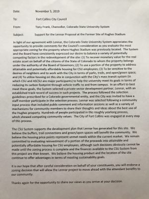 letter from CSU system asking City Council to support the Lennar proposal