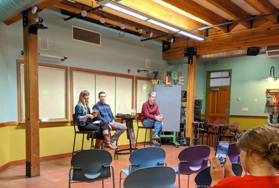 Katie Wallace, Joe Davis and Steve Fechheimer address community concerns Nov. 22 after New Belgium announced sale to international company Lion Little World Beverages. (Serena Bettis | Collegian)
