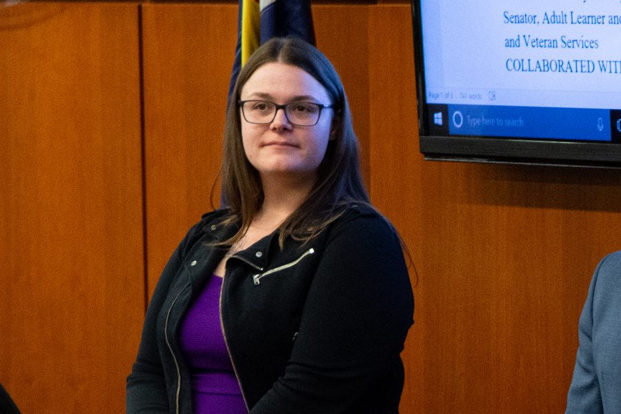 Associated Students of Colorado State University Associate Senator for the Adult Learners and Veterans Services and sophomore psychology student Hannah Brech presents the Student Parent Absence Resolution 4907 at the Nov. 13 senate session. (Matt Tackett | The Collegian)