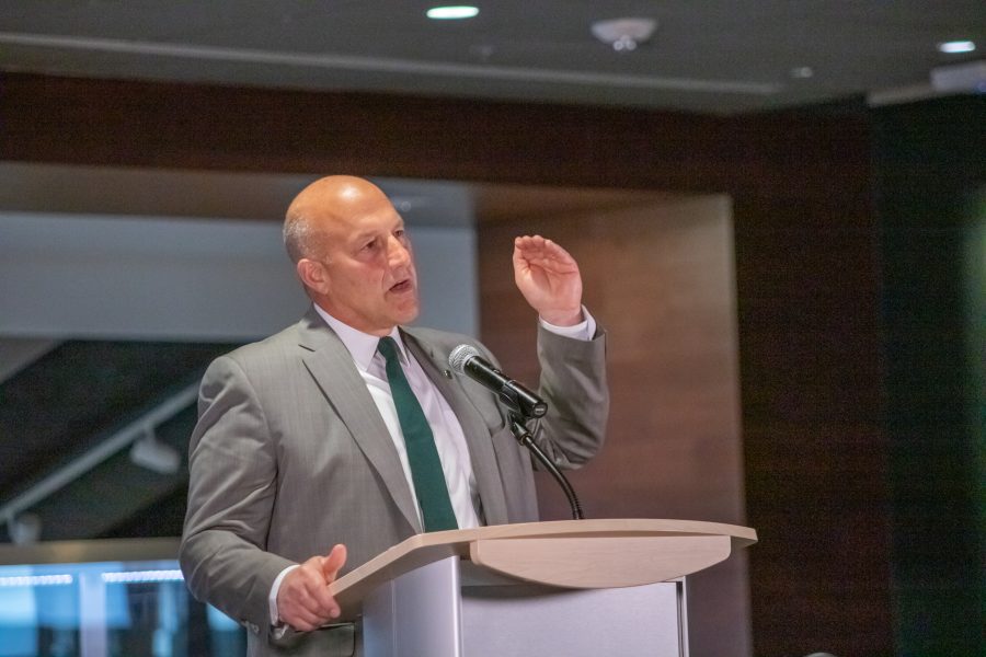 Steve Addazio states that he want the team to "win our conference, beat our rivals, and have great success", during his introductory press conference on Dec. 12. (Devin Cornelius | Collegian)