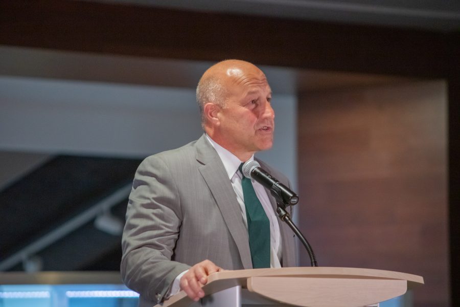 Steve Addazio tells the audience that the team he wants to build will "...represent you and this University in the highest regard..." during is introductory press conference on Dec. 12 at Canvas stadium.(Devin Cornelius | Collegian)