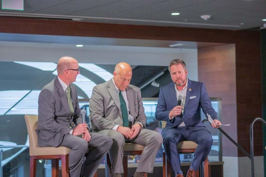 Joe Parker, Steve Addazio, and Brian Roth sit on the stage as the Q&A portion of Coach Addazio introductory press conference, on Dec 12 at Canvas stadium(Devin Cornelius | Collegian) 