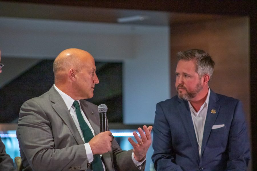 Steve Addazio answers a question from Brian Roth about how CSU will play football under Coach Addazio, on Dec 12. (Devin Cornelius | Collegian)