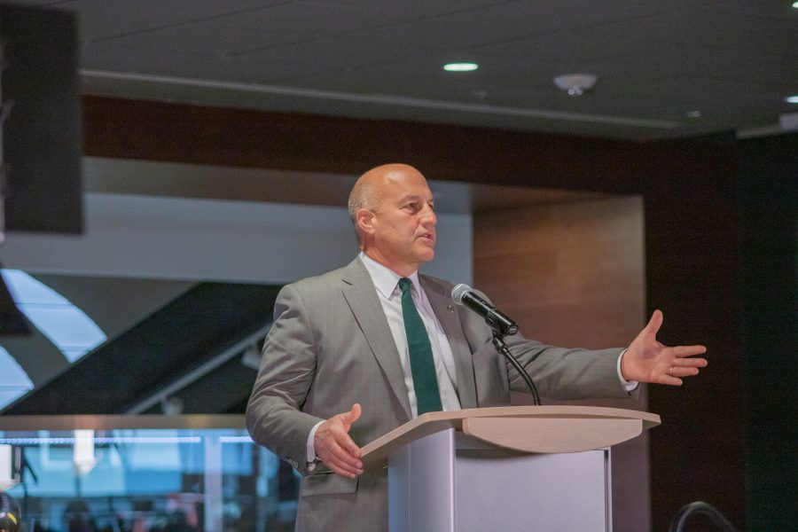 Steve Addazio tells the crowd that the most important thing that the football program can do is help its player earn a degree. (Devin Cornelius | Collegian)