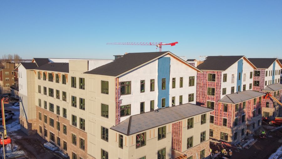 The upper floors of the standard apartment, which is currently under construction on lake street. (Devin Cornelius | Collegian)