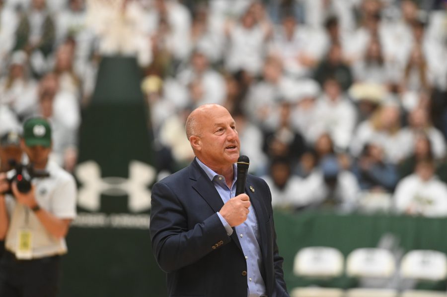 New+Colorado+State+University+head+football+coach+Steve+Addazio+speaks+at+the+mens+basketball+game