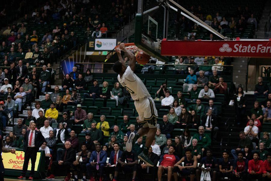 Hyron Edwards (0) dunks the ball after a fast break, during the Colorado State game vs Fresno State. CSU wins 86-68. (Devin Cornelius | Collegian)