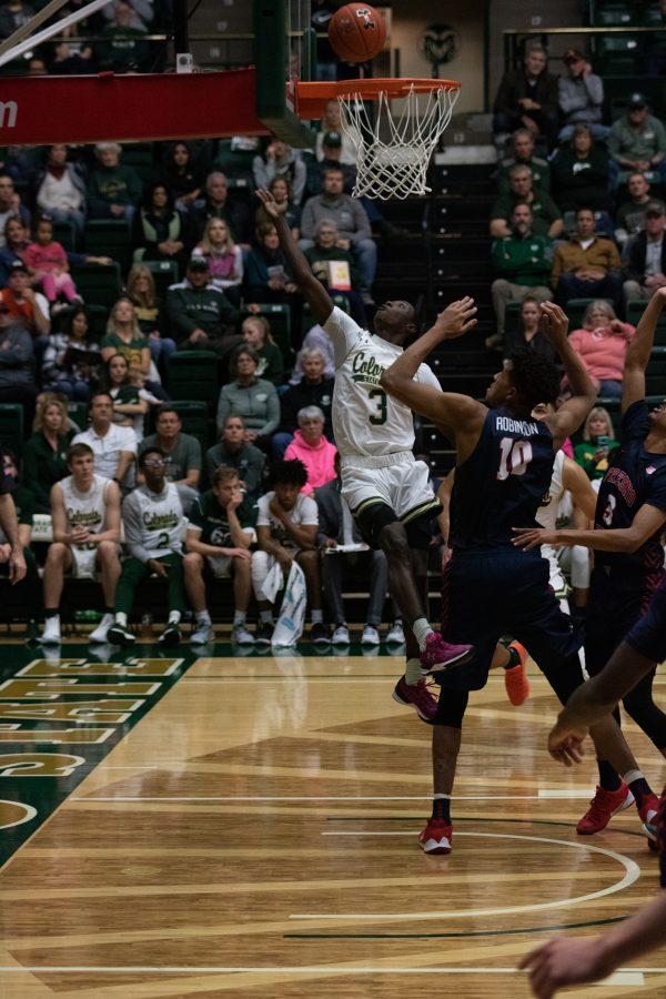 Kendle Moore (3) shoots a layup during the Colorado State home game against Fresno State. CSU wins 86-68. (Devin Cornelius | Collegian)