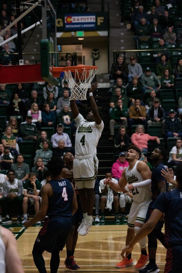 Isaiah Stevens (4) jumps up to shoot a layup during the Colorado State home game vs Fresno State. CSU wins 86-68. (Devin Cornelius | Collegian)