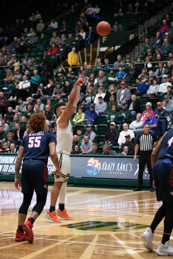 David Roddy (21) shoots from the free throw line after being fouled by a Fresno State player, during the Colorado State game against FSU. CSU wins 86-68. (Devin Cornelius | Collegian)