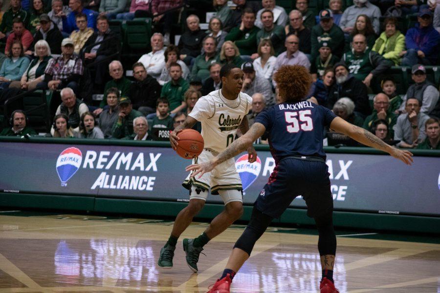 Hyron Edwards (0) scans the court for a teammate to pass the ball to, during the Colorado State home game against Fresno State. CSU wins 86-68. (Devin Cornelius | Collegian)