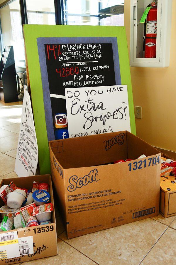 A food-drop off area outside of Rams Horn Express which encourages students to use extra swipes at Express and donate the food to Rams Against Hunger. (Lucy Morantz | The Collegian)