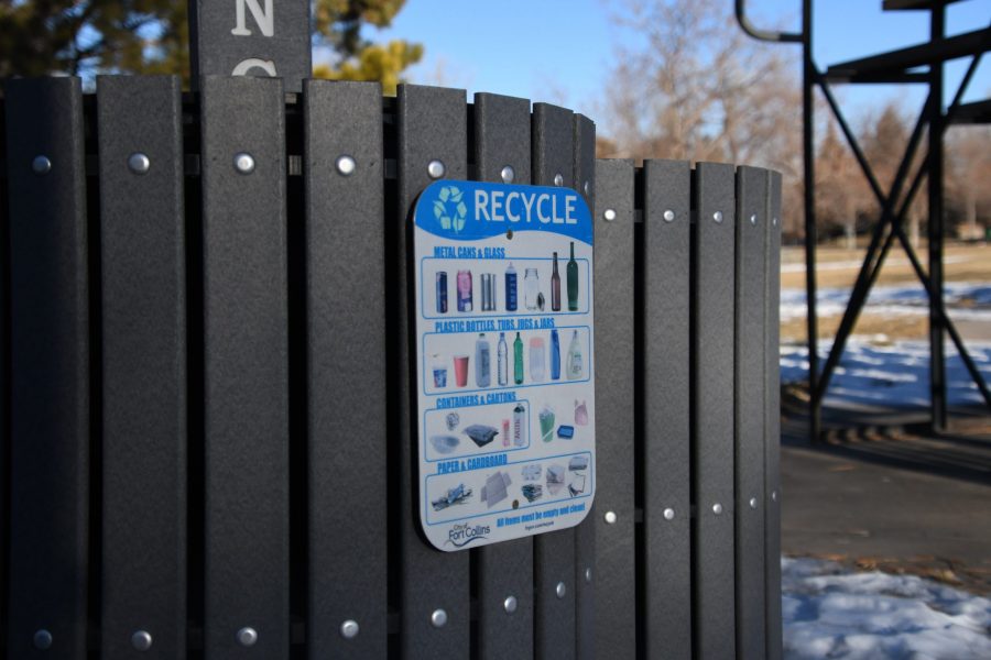 A sign on a recycling bin in the Warren Lake neighborhood depicts what items can be recycled. Warren Lake is part of the sustainable neighborhoods network in Fort Collins.  One of the projects theyve earned credit for is a workshop on how to properly recycle. (Anna Montesanti | Collegian)