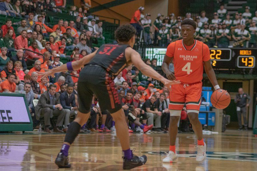 Isaiah Stevens (4) stares down a defender, during the Colorado State game against the University of Nevada, Las Vegas at Moby Arena Feb. 1. CSU won 95-77. (Devin Cornelius | Collegian)
