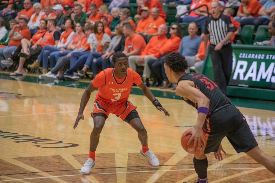 Kendle Moore (3) presses his opponent, during the Colorado State home game vs the University of Nevada, Las Vegas'. CSU wins 95-77. (Devin Cornelius | Collegian)