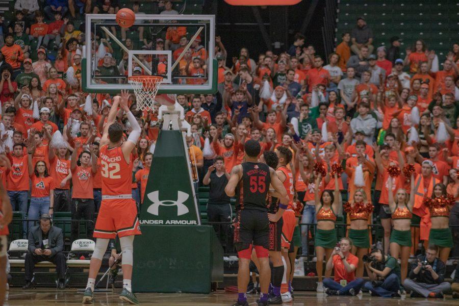 Nico Carvacho (32) shoots a freethrow, during the University's home game against the University of Nevada, Las Vegas. CSU wins 95-77. (Devin Cornelius | Collegian)