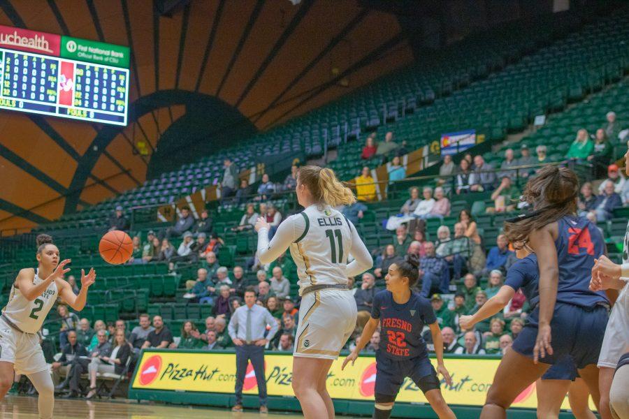 Makenzie Ellis (11) passes to Tori Williams (2) at the top of the key, during the Colorado State home game vs Fresno State University on Feb 5, 2020. CSU loses 79-61. (Devin Cornelius | Collegian)