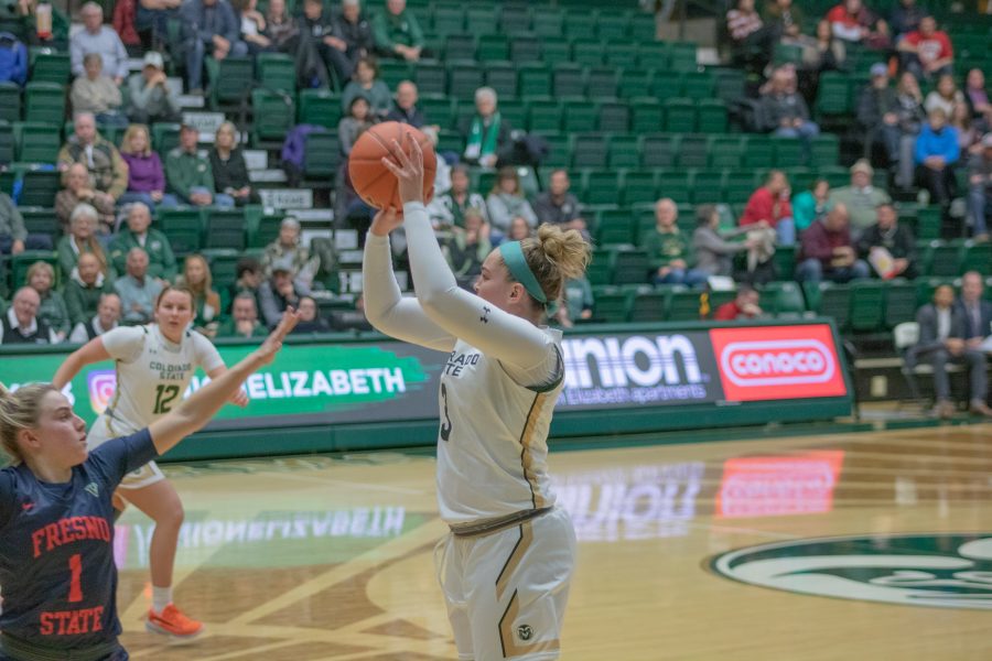 Megan Jacobs (3) shoots the ball, during the Colorado State home game against Fresno State University on Feb 5, 2020. CSU falls to Fresno 79-61. (Devin Cornelius | Collegian)