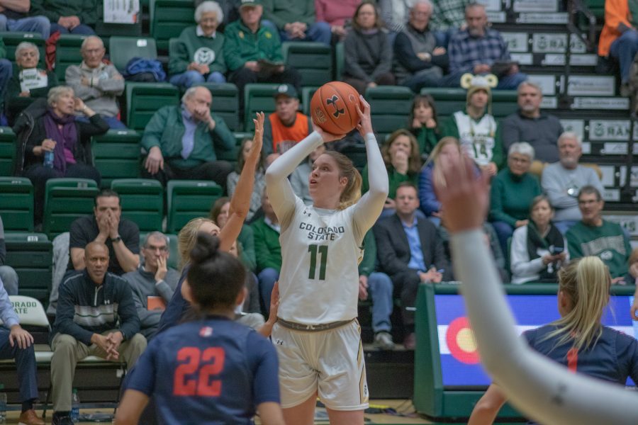 Makenzie Ellis (11) shoots over a defender, during the University home game against Fresno State University. CSU falls 79-61. (Devin Cornelius | Collegian)