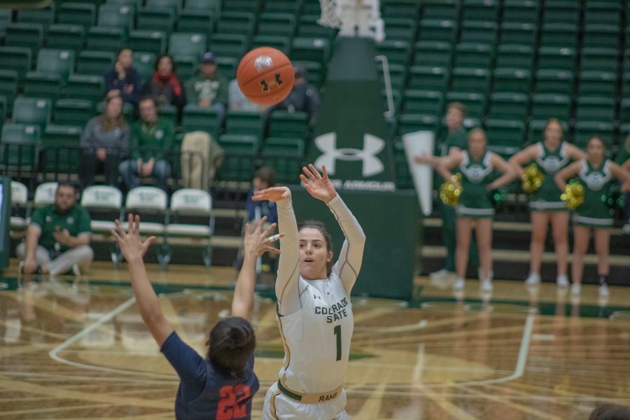Katia Stamatelopoulos (1) makes a jump shot from the three point line, during the Colorado State home game vs Fresno State University. CSU falls 79-61. (Devin Cornelius | Collegian)