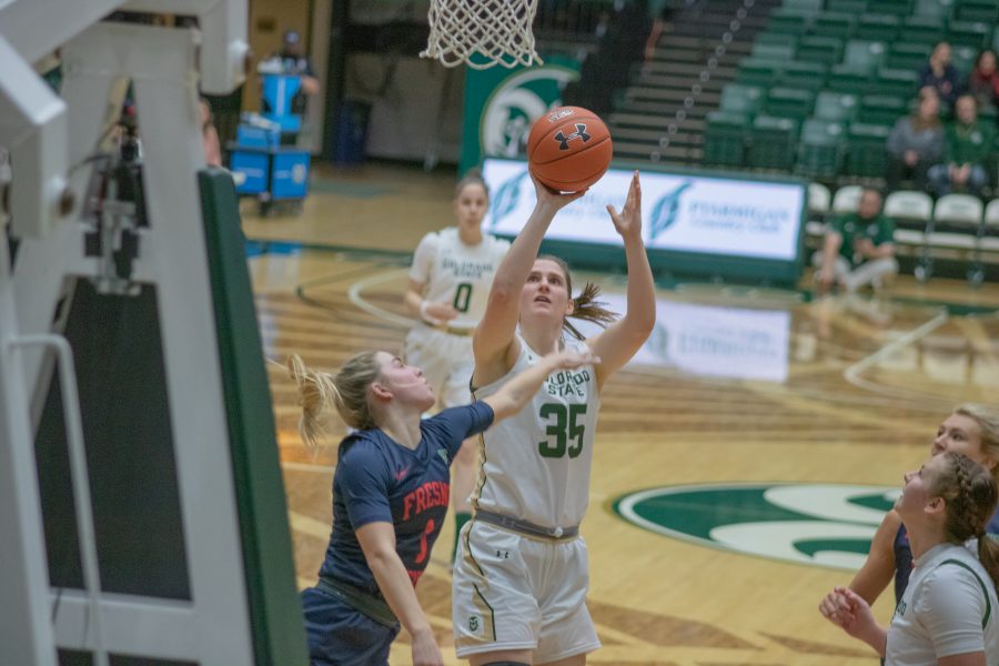 Lore Devos (35) makes a jump shot, during the University's home game against Fresno State University on Feb 5, 2020. CSU falls to Fresno 79-61. (Devin Cornelius | Collegian)