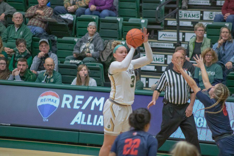 Megan Jacobs (3) shoots the ball from the three point line as a defender attempts to block, during the University home game against Fresno State University on Feb 5, 2020. CSU falls 79-61.(Devin Cornelius | Collegian)