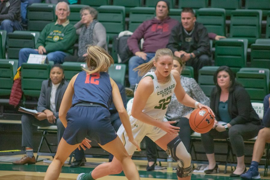 Andrea Brady (32) dribbles towards the basket, during the University's home game against Fresno State University on Feb 5, 2020(Devin Cornelius | Collegian)