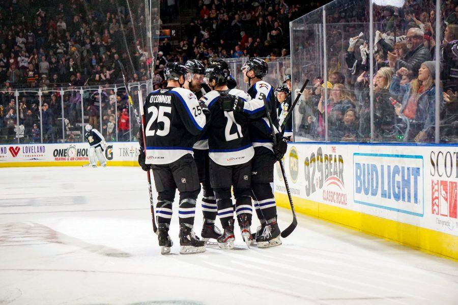 The Colorado Eagles celebrate after winning the game against the San Jose Barracuda in overtime on Feb. 9. (Photo courtesy of the Colorado Eagles) 