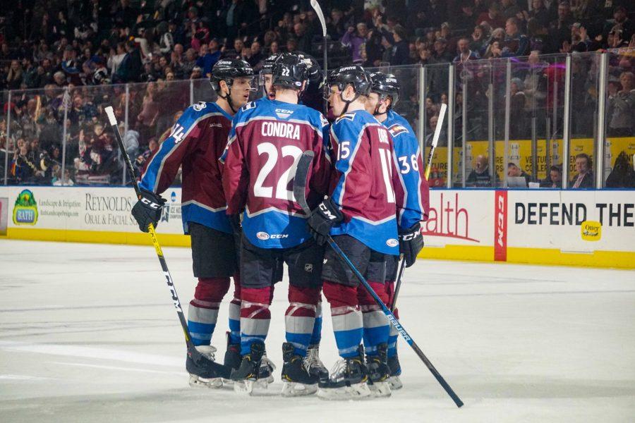Eagles celebrate a goal during their game agains the Tucson Roadrunners on 02/11 (Photo courtesy of the Colorado Eagles).
