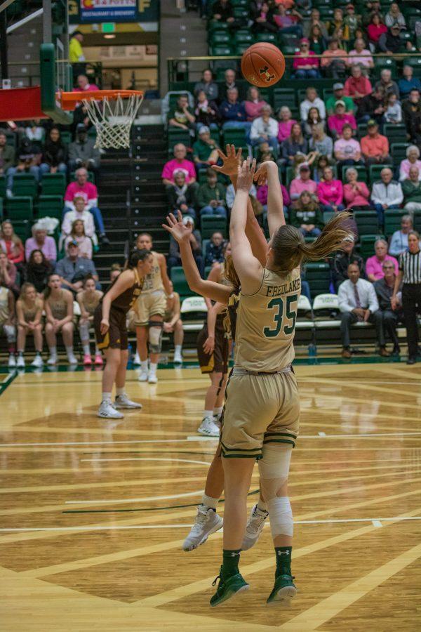 Lore Devos (35) shoots over a defender, during the Colorado State home game vs Wyoming on Feb 15, 2020, CSU falls 43-40. (Devin Cornelius | Collegian)