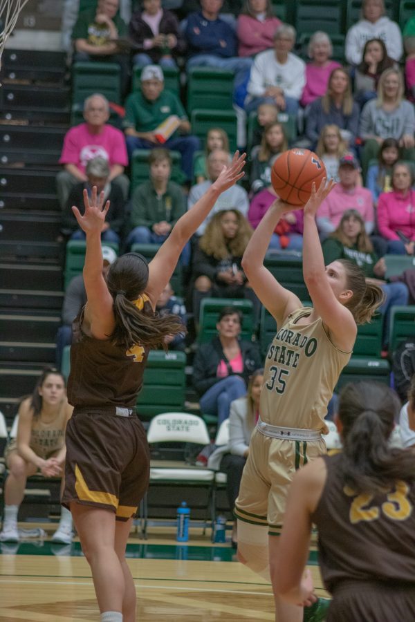 Lore Devos (35) shoots over a defender, during the Colorado State home game vs Wyoming on Feb 15, 2020, CSU falls 43-40. (Devin Cornelius | Collegian)