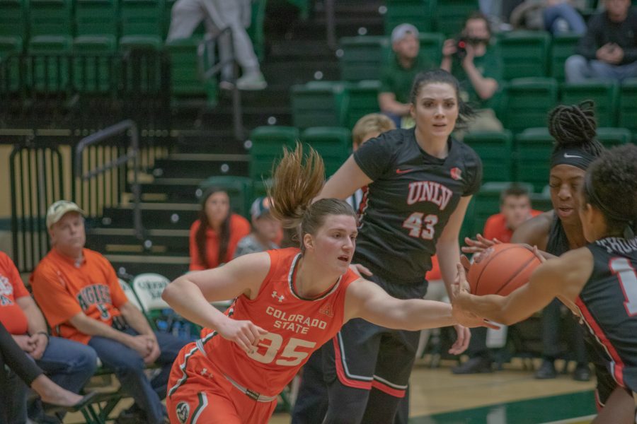 Lore Devos (35) reaches for the ball after a missed shot from Colorado State, during the CSU home game vs the University of Las Vegas, Nevada on Feb 19, 2020. CSU wins 60-56. (Devin Cornelius | Collegian)