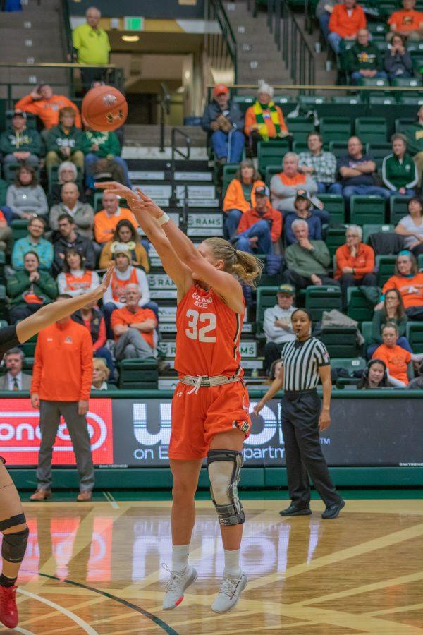 Andrea Brady (32) shoots from the three point line, during the Colorado State home game vs the University of Las Vegas, Nevada on Feb 19, 2020. CSU wins 60-56. (Devin Cornelius | Collegian)