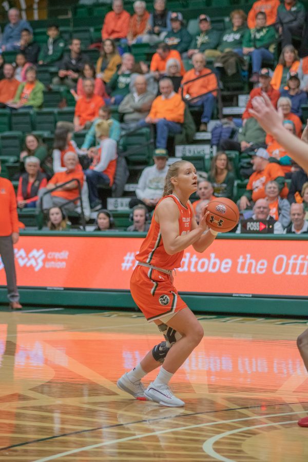 Andrea Brady (32) looks to shoot from the three point line, during the Colorado State home game vs the University of Las Vegas, Nevada on Feb 19, 2020. CSU wins 60-56. (Devin Cornelius | Collegian)