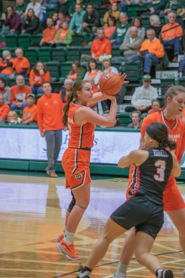 Jamie Bonnarens (12) shoots from beyond the three point line, during the Colorado State home game vs the University of Las Vegas, Nevada on Feb 19, 2020. CSU wins 60-56. (Devin Cornelius | Collegian)